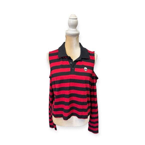 Hot Topic Black & Red Stripe Cold Shoulder Long Sleeve Polo Shirt Size M Medium - Picture 1 of 6